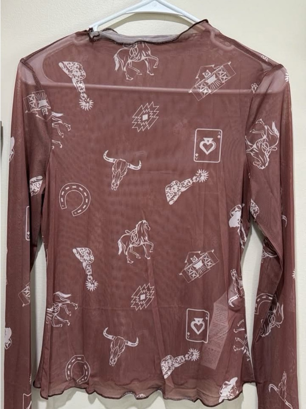 SHEIN Mauve Western Print Sheer Long-Sleeve Top